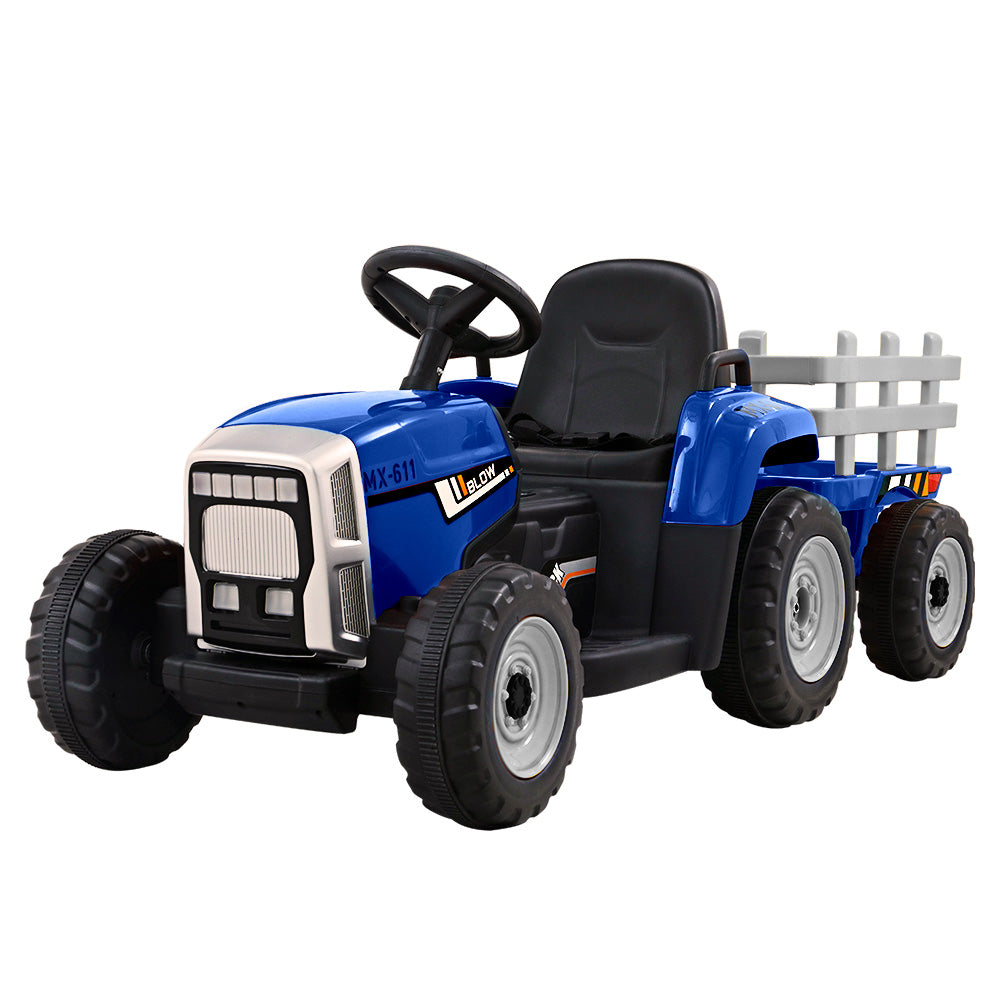 Ride On Car Tractor Trailer Toy Kids Electric Cars 12V Battery - Blue