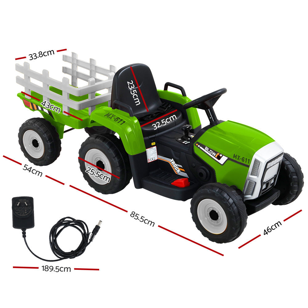 Ride On Car Tractor Trailer Toy Kids Electric Cars 12V Battery - Green